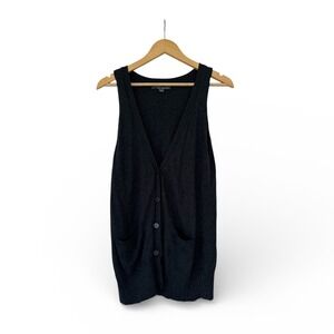 Twenty One Black Sleeveless Long Cardigan Vest Angora Eclectic Grandpa Cozy